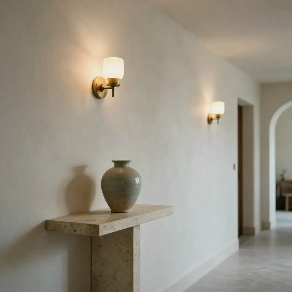 Two glowing wall sconces in a textured plaster corridor beside a narrow console and sage vase.