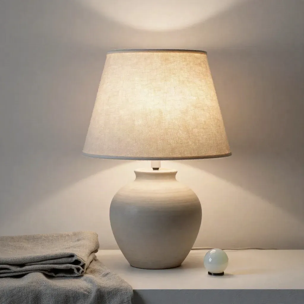 Ivory linen table lamp glowing on a pale plaster plinth with a folded linen swatch.