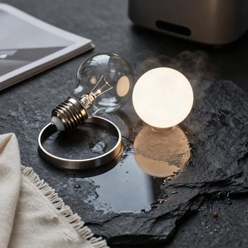 Two smart bulbs on wet dark stone, one glowing, one unlit, with metal ring and cloth