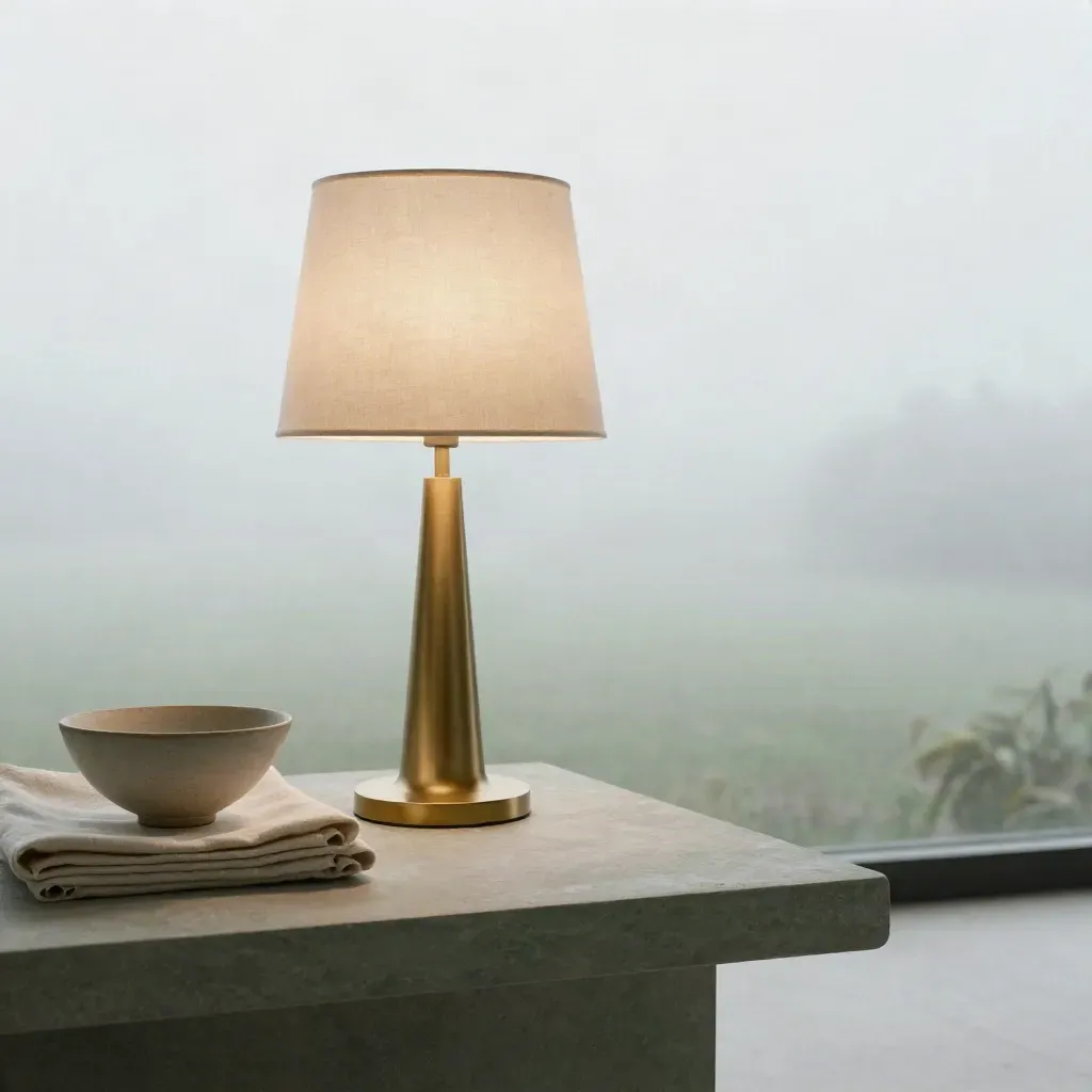 Mara Arc Table Lamp with linen shade, gold base and soft decor on a rain-fresh plaster plinth.