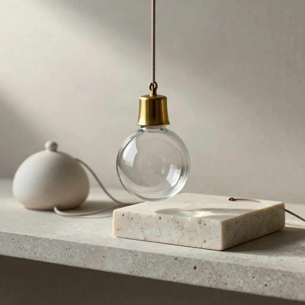 Glass pendant lamp with brass cap above travertine beside a ceramic dome.