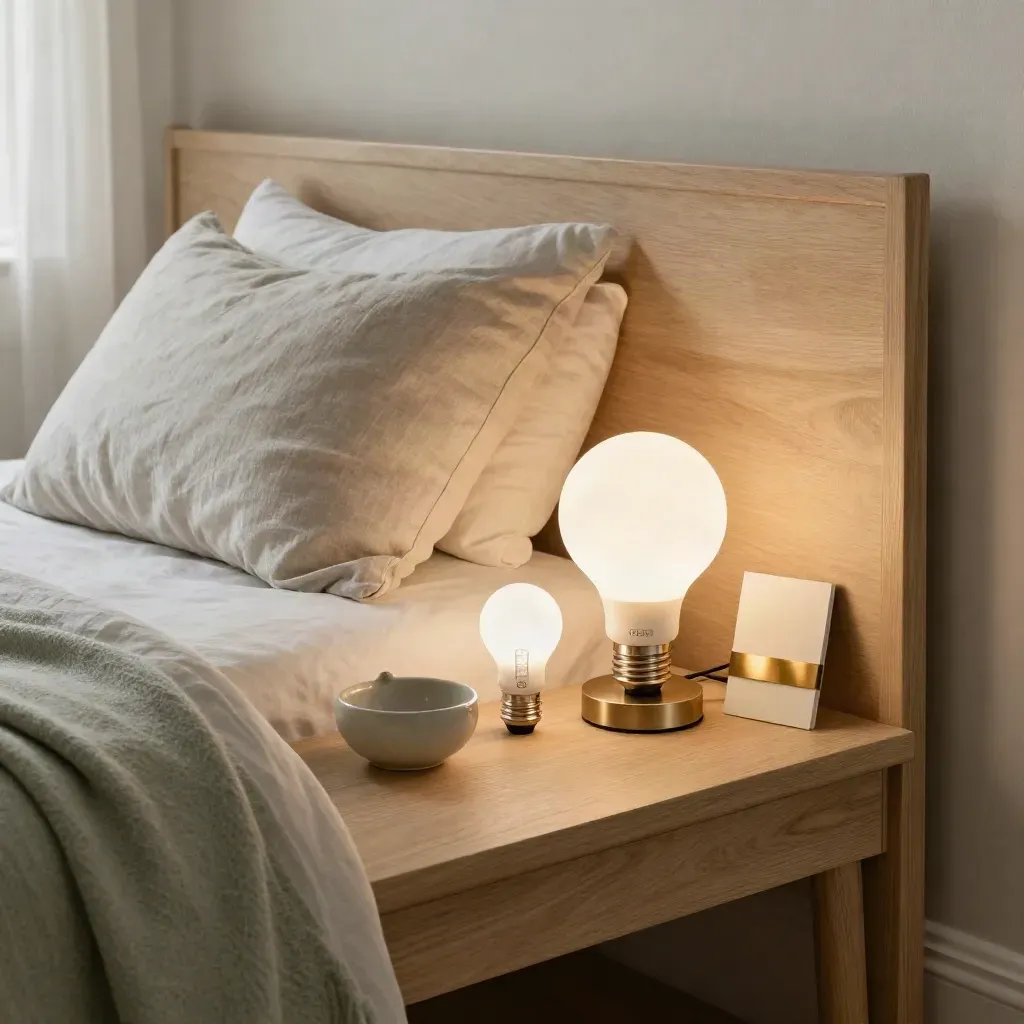 Lit table lamp with smart bulbs, bolster and catchall on a bedroom bench in soft haze.