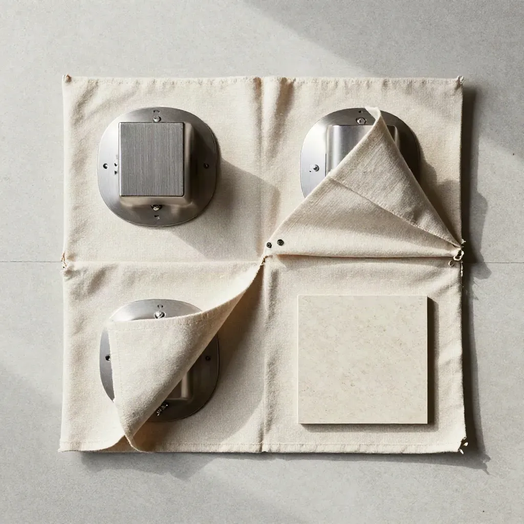Overhead flatlay of wall sconces, fabric, screws, and stone sample on pale concrete.