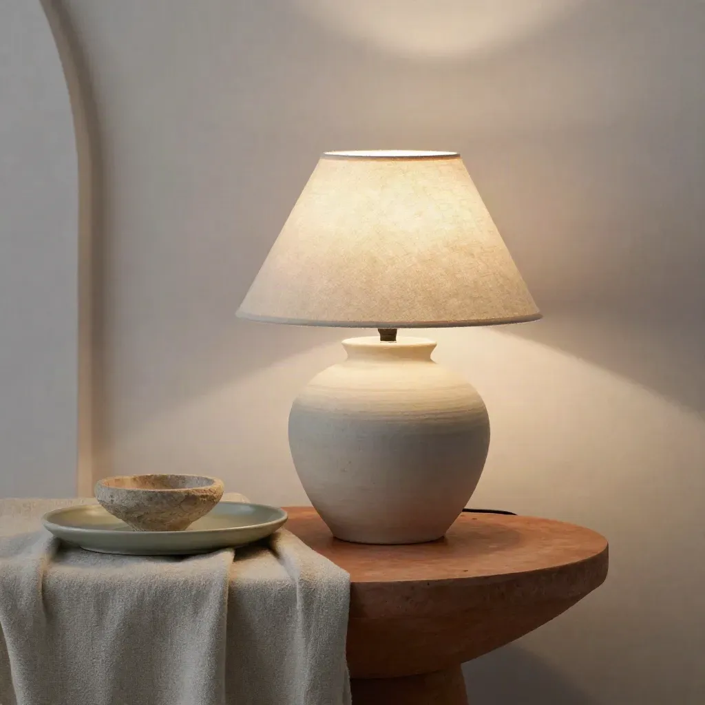 Ceramic table lamp glowing beside a stone saucer on a terracotta pedestal with sage accents.