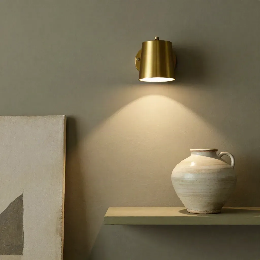 Arlo picture light beside a small canvas edge and ceramic object on a khaki shelf