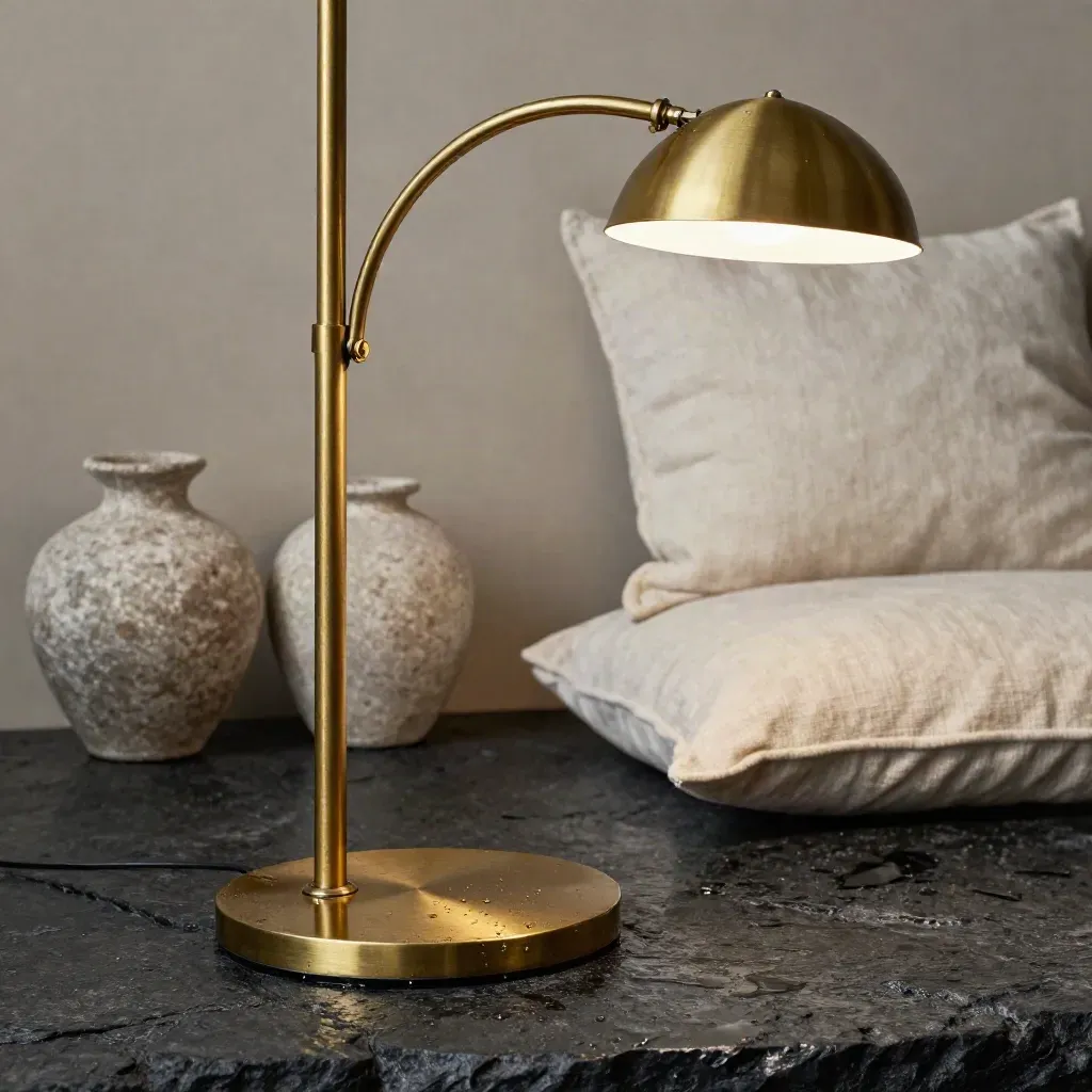 The Theo Brass Floor Lamp on wet stone with linen, vase, and pale throw.