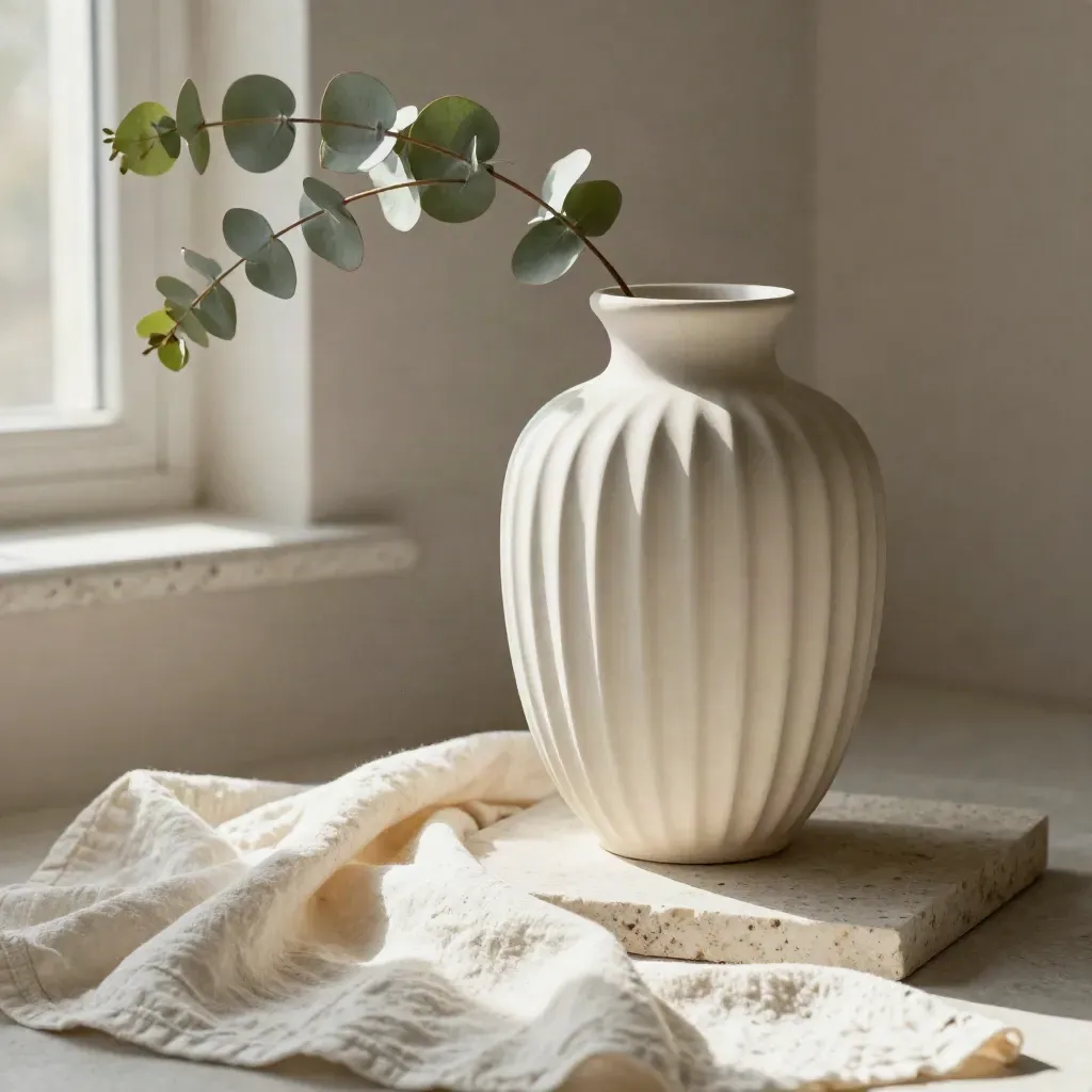 Ivory ribbed vase with eucalyptus on stone and cream linen, seen diagonally from above.