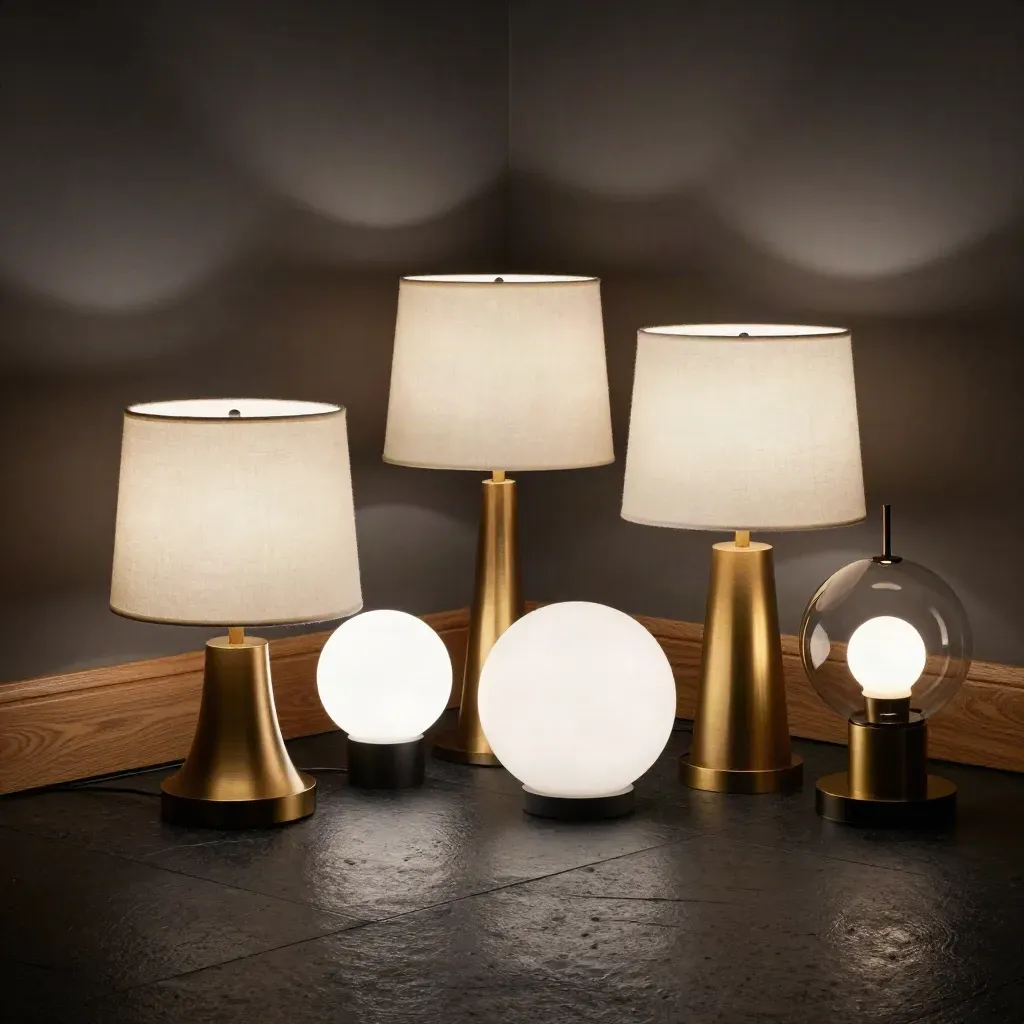 Glowing lamps, smart bulb, and brass pendant ignite a charcoal room corner in a dramatic sale scene.