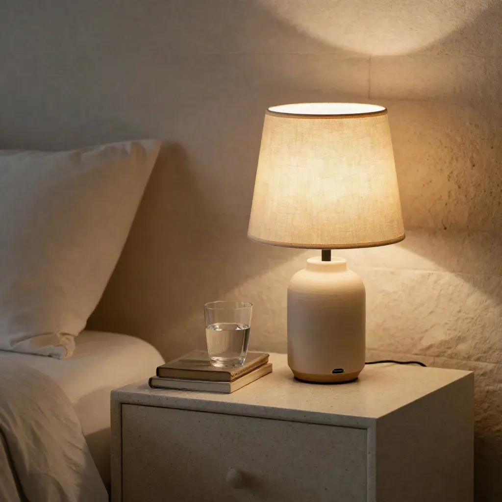 Glowing bedside lamp with books and water glass on travertine in a quiet bedroom