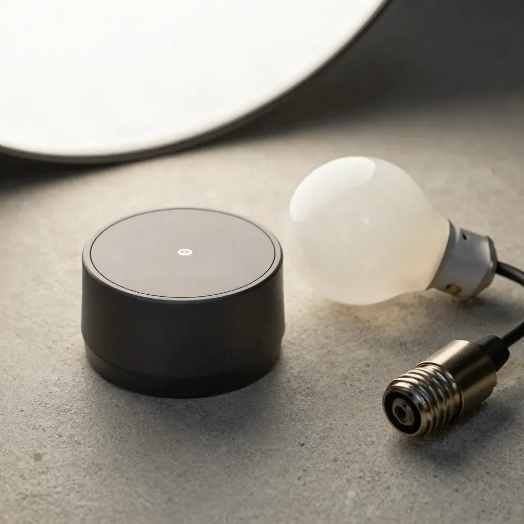 Overhead macro of a smart dimmer puck, bulb, and cable loop on a stone surface.