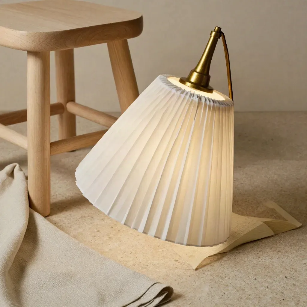 Paper pendant shade on a pale wood stool with folded linen, lit softly from above.