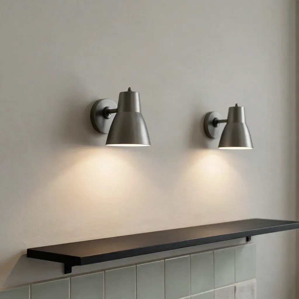 Two wall sconces on plaster panel, one lit, one dimmed, with sage accent.