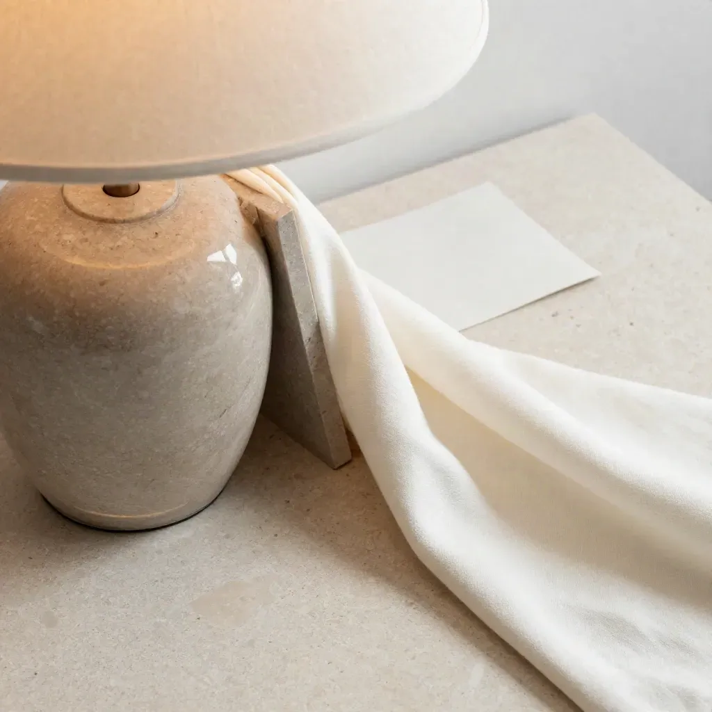 Top-down macro of a marble table lamp with linen shade, stone bookend and folded cloth.