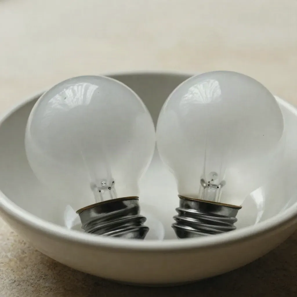 Overhead macro of two frosted globe bulbs in a cream ceramic dish with charcoal cord loops.