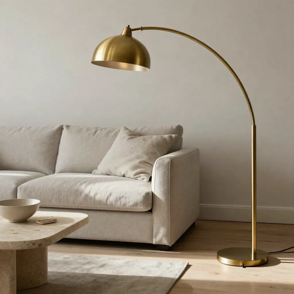 Brass arc lamp over a sofa arm beside a linen cushion and stone side table.