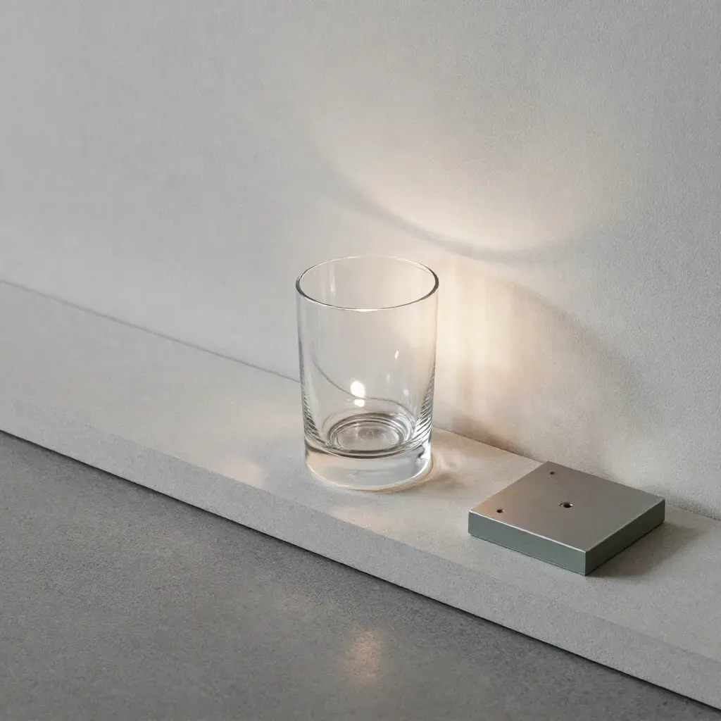 Flatlay of a glass wall sconce, plaster tile and ledge with soft sage accent.