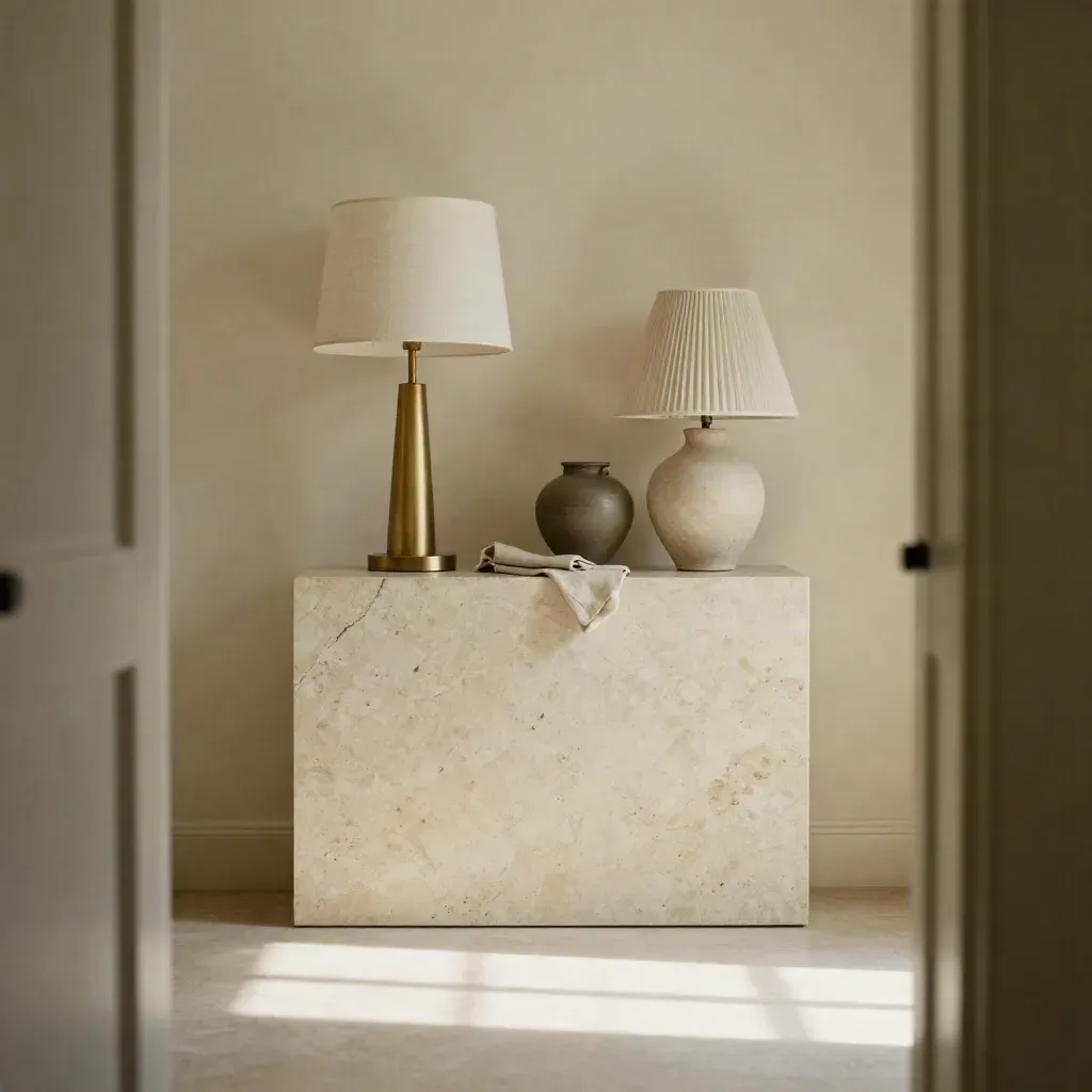 Cream interior with travertine console, two table lamps, and ceramic vessel in soft morning light.