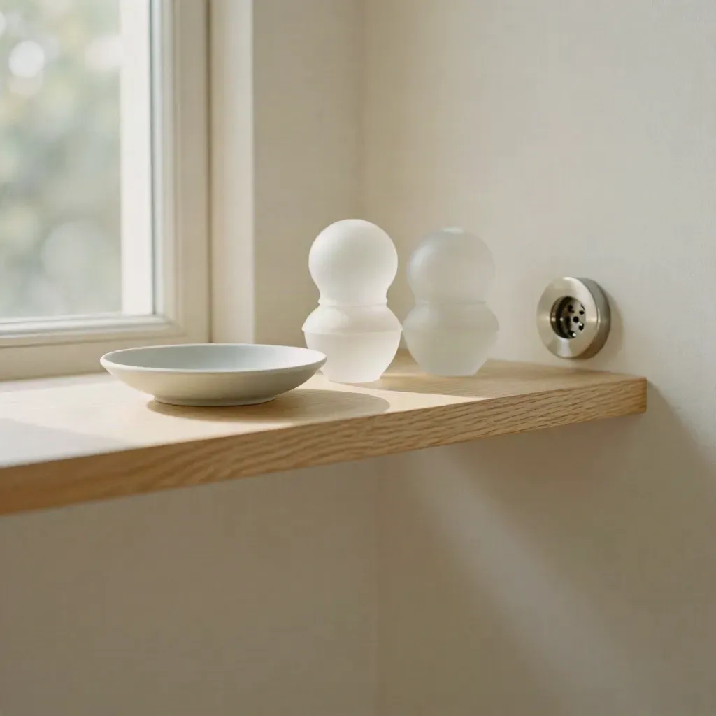 Pale wood shelf with frosted bulb forms and a dish by a bright window, soft copy space below.