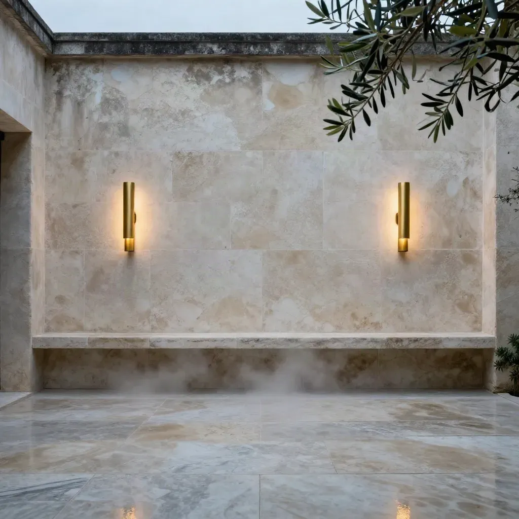Drizzled limestone wall with paired brass sconces above a calm travertine courtyard